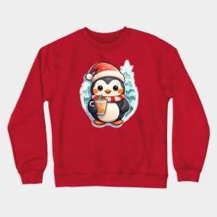 kawaii Penguin Christmas holds a drink in his hand Crewneck Sweatshirt